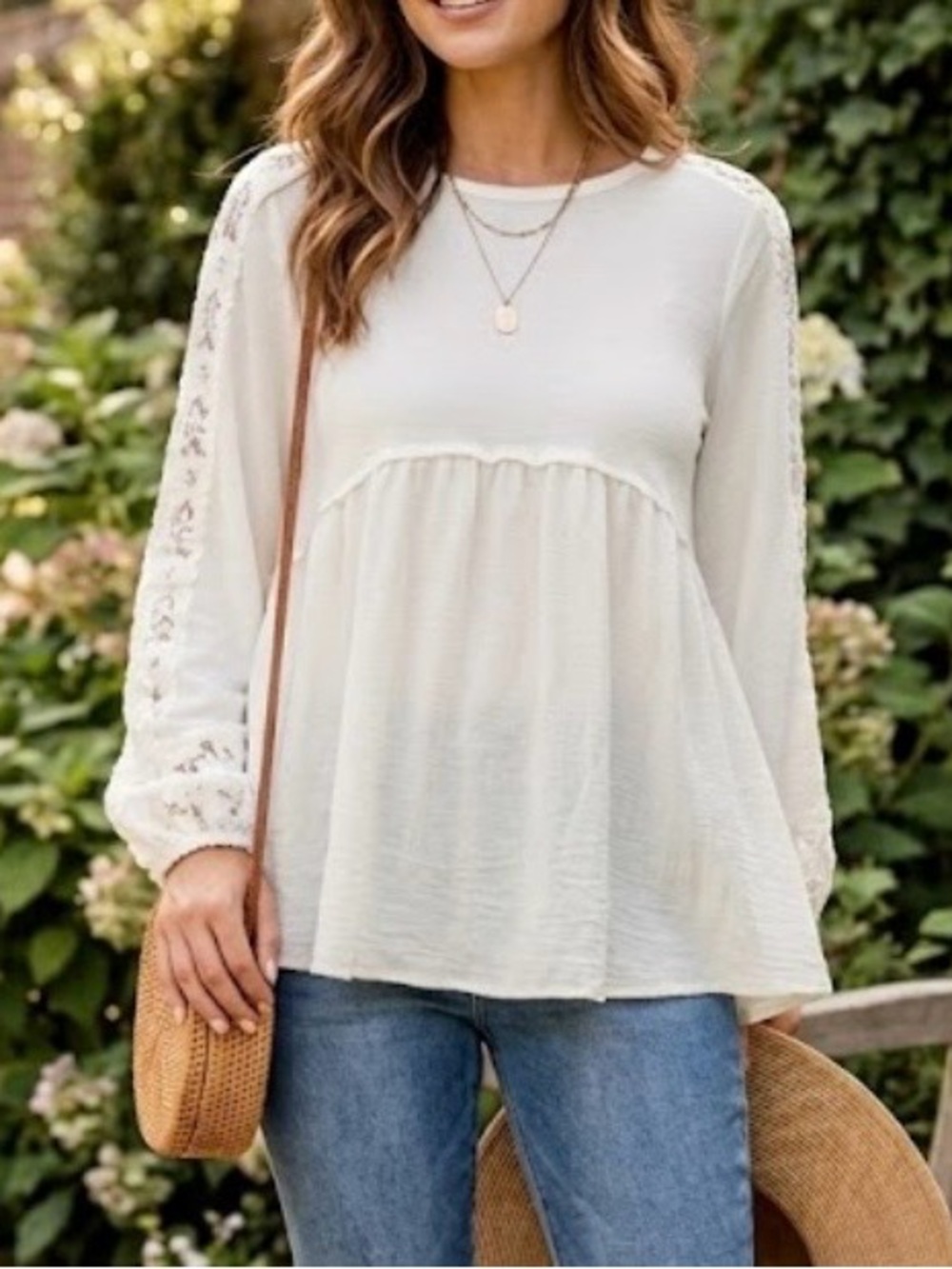 Ella Mara white waffle knit lace trim long sleeve scoop neck relaxed fit large